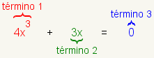 \ \ \ \; del ^ del fgcolor {ff0000} {\ \ overbrace {4x^ {3}} {\ \ mbox {término 1}}}+ \ \;\ \ \ \; del fgcolor {008000} {\ \ _ del underbrace {3x} {\ \ mbox {término 2}}}= \ \;\ \ fgcolor {0000ff} {\ \ ^ del overbrace {0} {\ \ mbox {término 3}}}